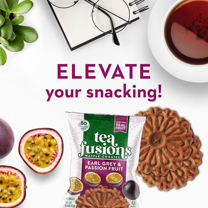Reko Tea Fusions Waffle Cookies, Earl Grey & Passion Fruit - Individually Wrapped Single Serve Snack Packs - Thin Italian Pizzelles with No Artificial Flavors or Colors - 5 Cookies per Pack, Box of 12