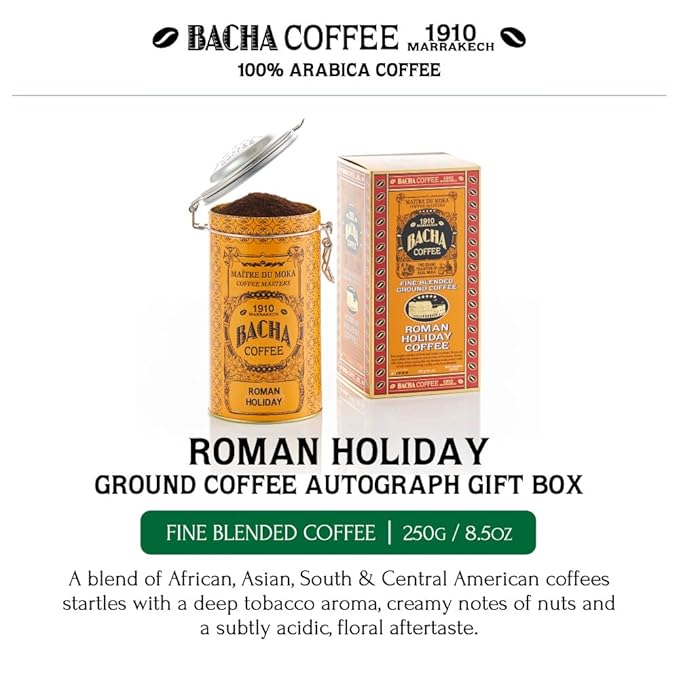 Bacha Coffee | Roman Holiday Fine Blended Coffee, Autograph Collection, 100% Arabica Specialty Coffee, Ground Beans, Medium Light Roast, 250g