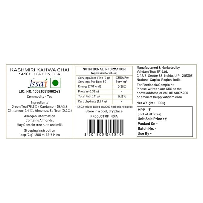 VAHDAM, Kashmiri Kahwa Tea (50 Cups/3.53oz) | Green Tea, Cinnamon, Cardamom, Almond & Saffron | Premium India Loose Leaf Tea | Vacuum Sealed for freshness