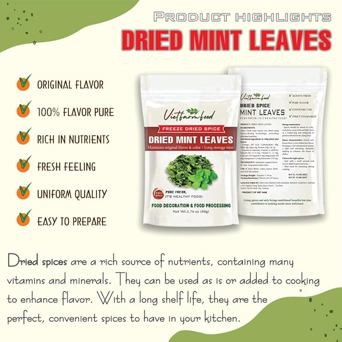 DRIED MINT LEAVES 1.76 Oz (50g) VIETFARMFOOD: Pure, natural freeze-dried spice made from real vegetables and fruits - perfect for enhancing every meal, from cooking, baking, salads, soups, sauces