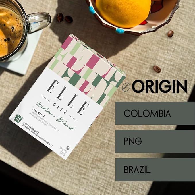 ELLE Café© Italian Blend K-Cup Pods - 72 Count - 100% Arabica Coffee, Flavor Notes of Dried Fruit & Dark Chocolate - Single-Serve Coffee Pods