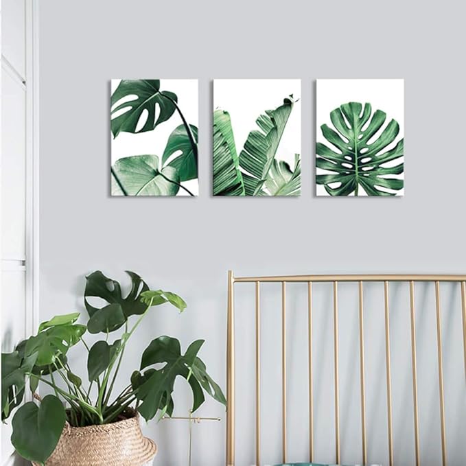 Canvas Wall Art Green Leaf Simple Life Painting Dathroom Wall Decor Monstera Plant 3 Pieces Framed Canvas Pictures Contemporary Watercolor Artwork Ready to Hang for Home Decoration Office Wall Decor