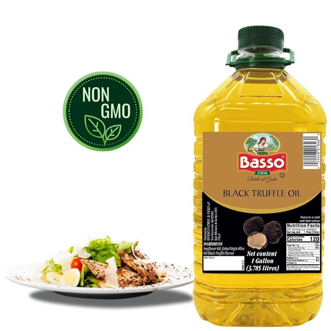 BASSO 1904 Black Truffle Infused Oil ??Bulk 1 Gallon (3.785L) ??Italian Extra Virgin Olive Oil with Truffle Aroma ??Non-GMO, Gourmet Finishing Oil for Pasta, Risotto & Pizza ??Product of Italy
