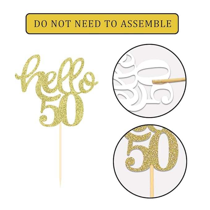 24 Pcs Gold Glitter 50th Birthday Cupcake Toppers for 50th Birthday Celebrating Party Decorations