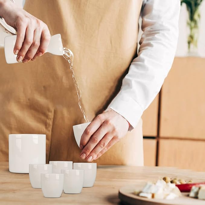 XINGYAN Traditional Japanese White Porcelain Sake 8Pcs Set with Warmer Pot Gift Box Package,Smooth Ceramic Surface Best for Home Gift (Pure White)