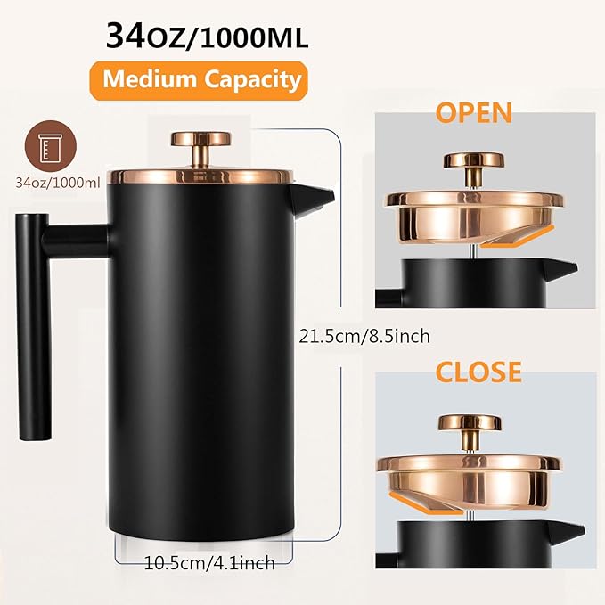 Black French Press Stainless Steel 34oz, Double Wall Insulated Coffee Press 1L for travel camping with 2 Extra Filter Screens and 1 Coffee Spoonç«?cup 1000mlç«?,<div>