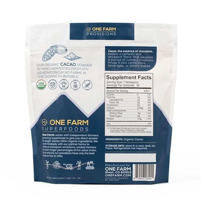 One Farm by WAAYB Organic Cacao, Single Estate, Non-GMO, Fair-Trade, Vegan, Gluten Free, 100% Raw Rizek Cacao in Resealable Bag for Cooking, Smoothies, Lattes & Baking (1 lb, Powder)
