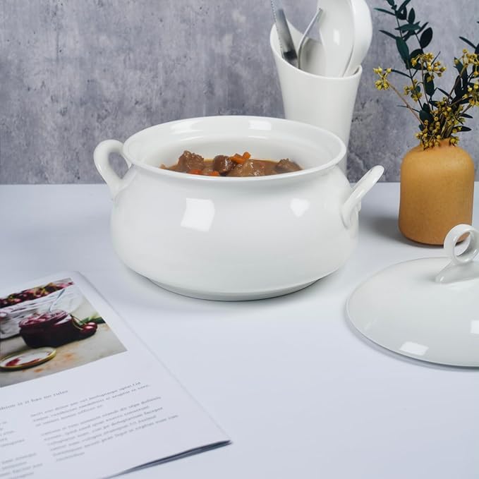 Ceramic Serving Soup Tureen Bowls with Lid and soup spoon, 2.4 QT White French Serving Tureen, Lovely Soup Pot for Casserole dish Salad Pasta Noodles Stew, Microwave Dishwasher Safe