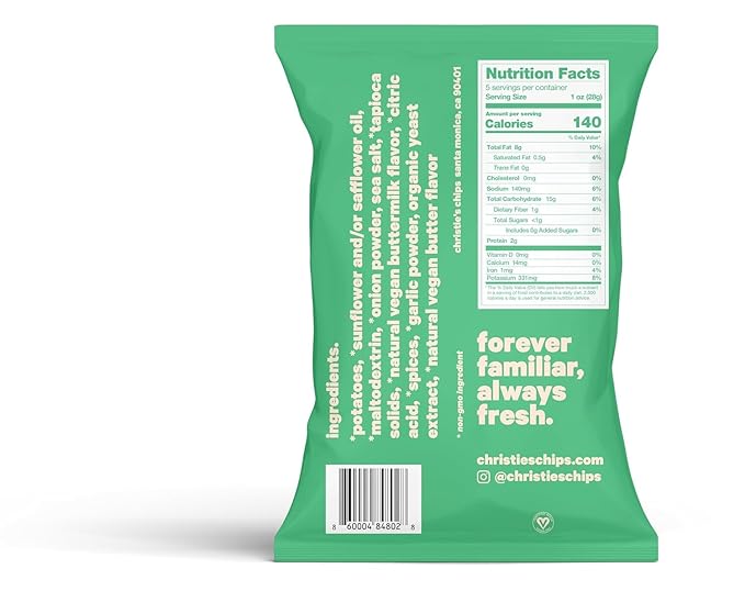 Christie's Chips Sour Cream + Wild Onion - Super Natural Vegan Potato Chips - Classic Flavor Reimagined - Dairy-Free, Bold, and Delicious - A Timeless Favorite Perfect for Snacking - 5 oz - 6 Pack