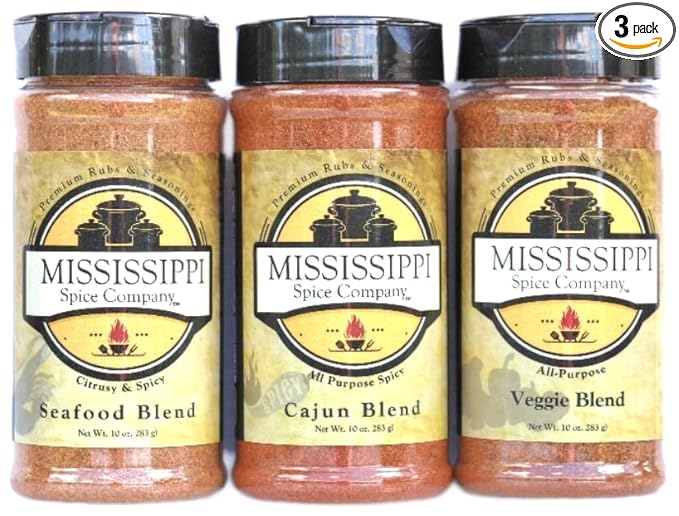 Mississippi Spice Company Premium Rubs & Seasonings, Seafood, Cajun and Veggie Blends, Skins and Fins Bundle, 10 oz (3- Bottles, (Seafood/Cajun/Veggie))