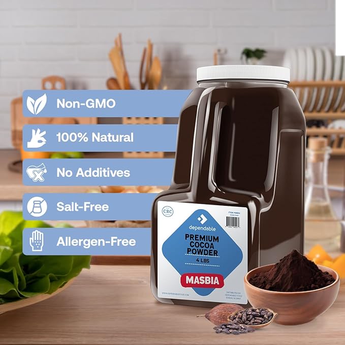 Dependable Foods Premium Cocoa Powder - 4 Lb. Jar - Dutch Processed - Bulk, Kosher, Rich Chocolate Flavor ??Allergen-Free, Gluten-Free, Non-GMO