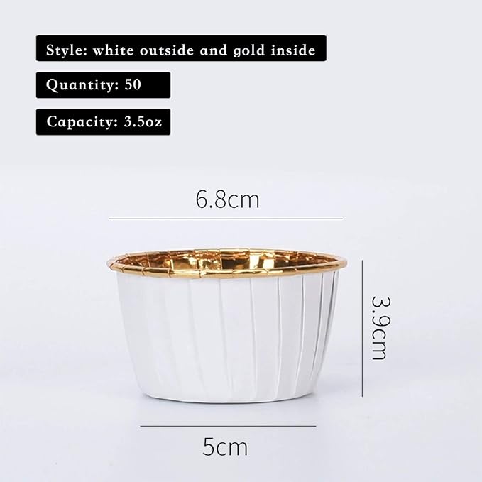 Party Hippo Cupcake Cups, 3.5 Oz 50 pcs Disposable Foil Muffin Liners, Gold Baking Cups, Ramekin Aluminum Cupcake Tip Pan Ramekin Holders, Little Baking Cups (White)