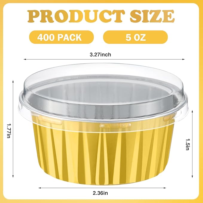 Gejoy 400 Pcs Aluminum Foil Baking Cups with Lids 5 oz Disposable Ramekins Mini Cake Pans Creme Brulee Cupcake Liners Muffin Tins Flan Mold Dessert Container for Wedding(Gold Color,Elegant)