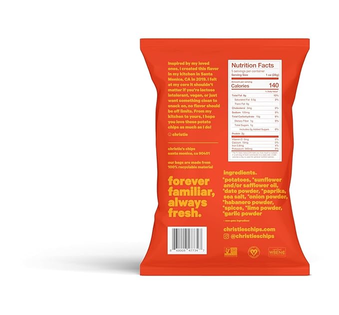 Christie's Chips Sweet & Spicy Habanero - Super Natural Potato Chips - Sweetened with Dates, No Refined Sugar, Vegan, Gluten-Free, All-Natural Gourmet Snack with a Bold, Spicy Kick - 100% Plant-Based - 1 oz - 24 pack