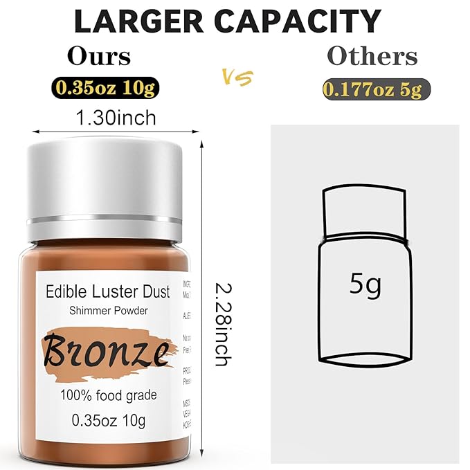 Bronze Luster Dust Edible Glitter for Cakes Cocktails ??10g Colaele Edible Shimmering Dust for Chocolates, Metallic Food Coloring Powder for Cake Decorating Edible Glitter for Drinks, No Gluten,Vegan