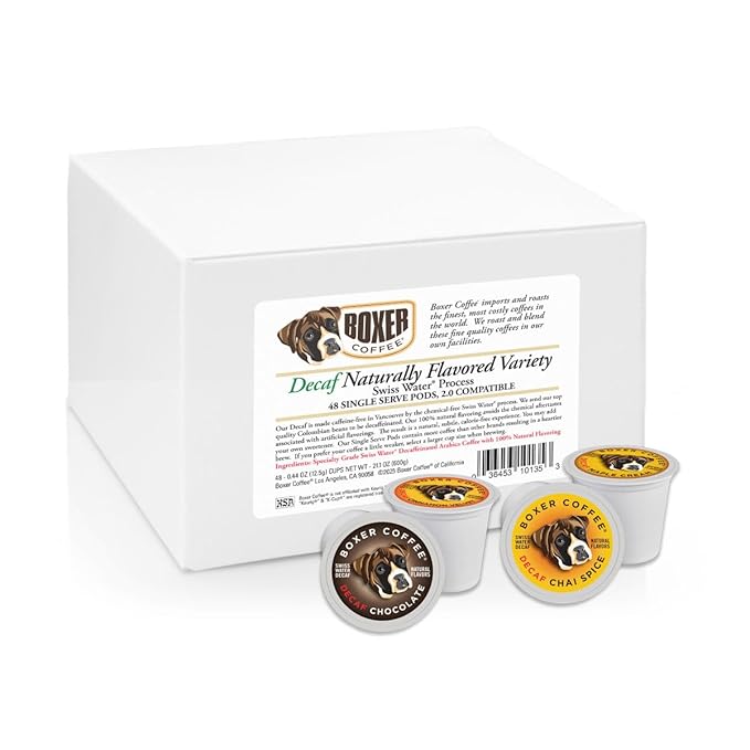 Boxer Coffee 48 Count Decaf Coffee Pods – Swiss Water Process, Medium Roast Variety Pack, Compatible with Keurig K-Cup Brewers, Single-Serve Cups Gourmet Artisan All-Natural Flavors