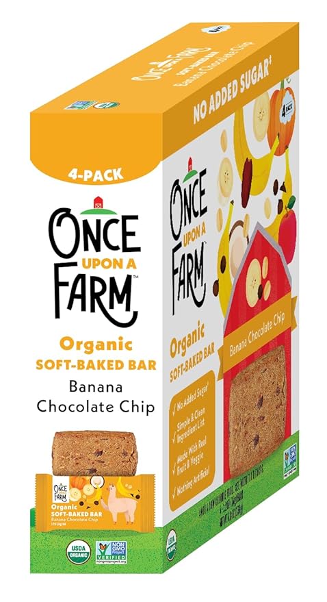 Once Upon a Farm | Organic Banana Chocolate Chip Soft Baked Bar | Chocolate, Banana, Vanilla & Oats | Made with Real Fruit & Veggies | No Added Sugar | 8 Boxes