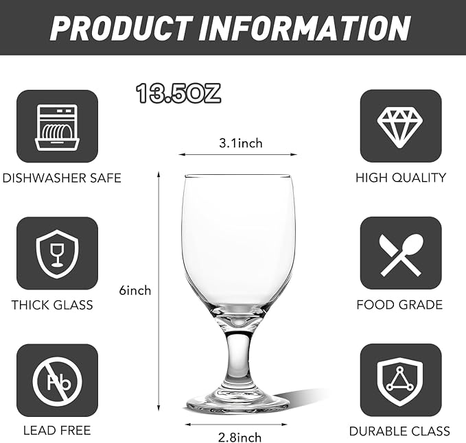 10.5OZ Water Goblets Set of 6, Clear Goblet Glasses Set for Home Bar, Wedding, Party, Elegant Design for Iced Tea, Sangria, Juice, Dishwasher Safe, Perfect for Daily Use Special Occasions