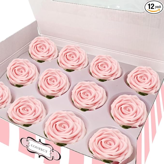 Confect Edible Rose Topper -Edible Blush Pink Rose Cupcake Toppers for Cake & Doughnut Decoration- Vegan, Gluten-Free - Pack of 12
