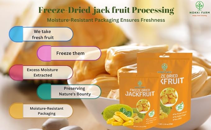 NOKKI FARM Freeze Dried Jackfruit - Healthy & Exotic Tropical Superfood Snacks, No Added Sugar or Preservatives, Kid-Approved, Shelf-Stable & Portable for On-The-Go Snacking - 1.76 Oz