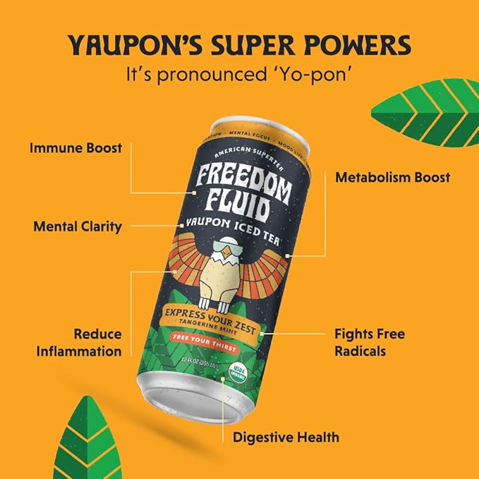 Freedom Fluid Organic Yaupon Iced Tea – Tangerine Mint | Herbal Tea Drink | Lightly Sweetened, Low Sugar, Low Calories, Real Brewed Tea, Clean Ingredients, Antioxidant Rich, Natural Caffeine, 12 Pack (12 oz cans)