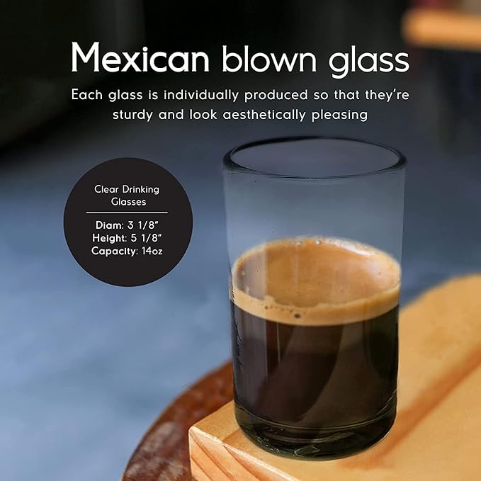 Clear 14 oz Drinking Glasses (set of 6), Hand Blown Mexican Glassware, Recycled Glass Drinking Glasses, Lead-Free, Cocktail Margarita Glasses, Wine Glasses, Shot Glasses, Whiskey Glasses (Drinking)