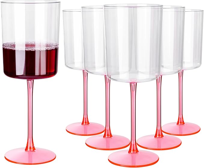 Ciaell 12 Pack 10 Oz Clear Plastic Wine Glasses with Pink Stem - Disposable Cocktail Goblets Perfect for Parties & Weddings & Poolside & Outdoors & Camping & Party