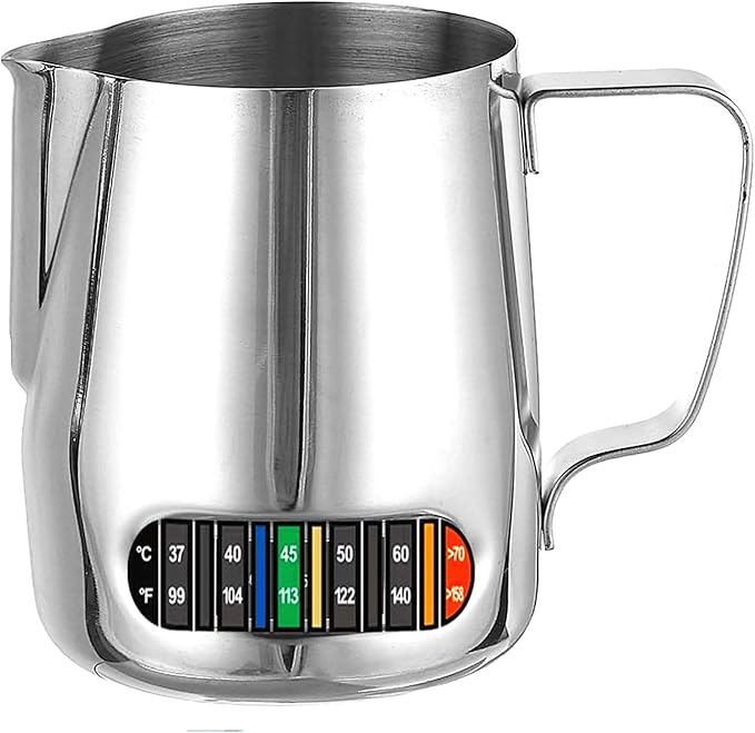 Milk Frothing Pitcher Stainless Steel with Thermometer Fahrenheit Temperature Integrated for Coffee, Cappuccino,Espresso,Latte Art(600ml/20oz)