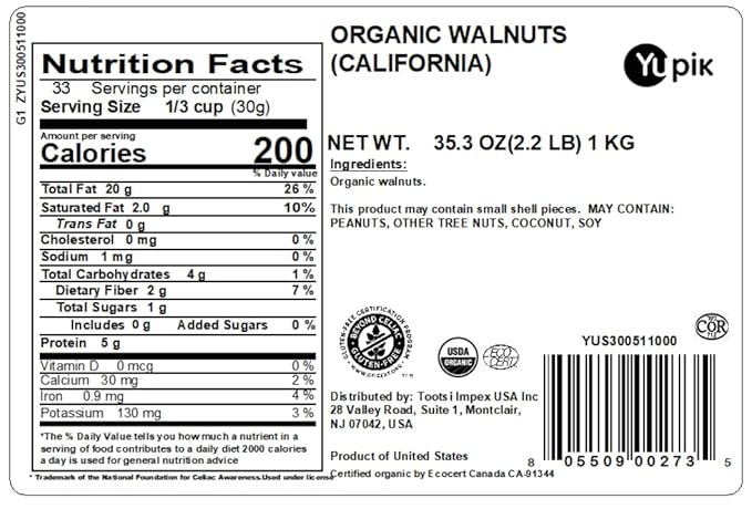Yupik Organic Raw California Walnuts, Halves, 2.2 lb (35.2 oz), Kosher, Gluten-Free, Non-GMO, Vegan, Half Nuts, Unsalted, Unroasted, Source of Omegas, Healthy Snacks, Ideal for Baking & Cooking