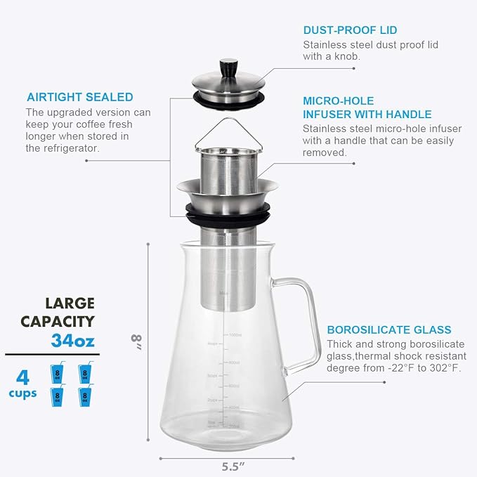Aquach 34 Oz Cold Brew Coffee & Iced Tea Maker ??Airtight Lid, Dishwasher Safe, Borosilicate Glass Caraf