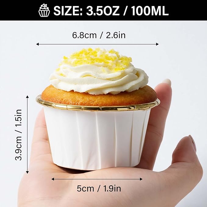 EUSOAR Cupcake Cups, 200pcs 3.5oz Mini Cheesecakes Holders Disposable Ramekins, Muffin Cupcake Liners Aluminum Foil Wrappers Paper Liner Cups for Birthday Wedding Party Festival-White/Gold