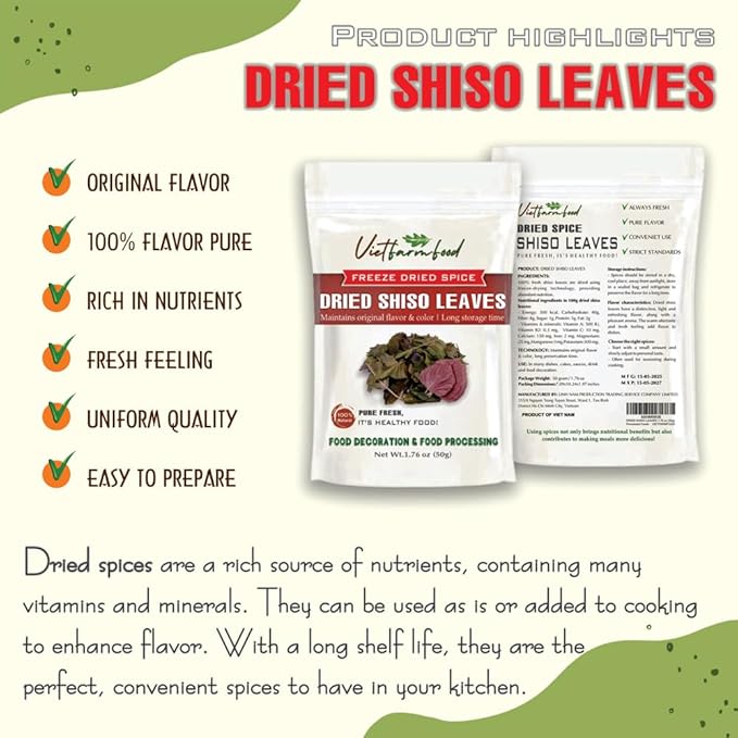 DRIED SHISO LEAVES 1.76 Oz (50g) VIETFARMFOOD: Pure, natural freeze-dried spice made from real vegetables and fruits - perfect for enhancing every meal, from cooking, baking, salads, soups, sauces