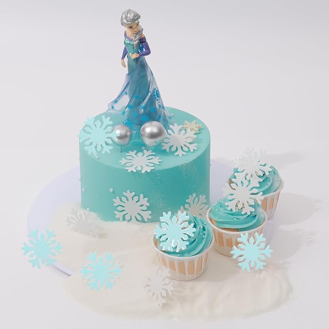 THJ 50PCS Edible Snowflakes Cupcake Toppers Blue&White Snowflakes Frozen Cake Decorations Wafer Paper Snowflake Cake Sprinkles for Christmas Winter Holiday Frozen Theme Party Supplies
