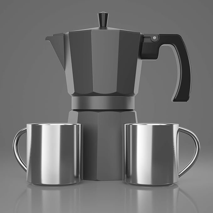 Coffee Gator Moka Pot - 6 Cup, 12oz Stovetop Espresso Maker - Classic Italian and Cuban Coffee Percolator w/ 2 Stainless-Steel Cups ??Matte Grey Aluminum, 360ml