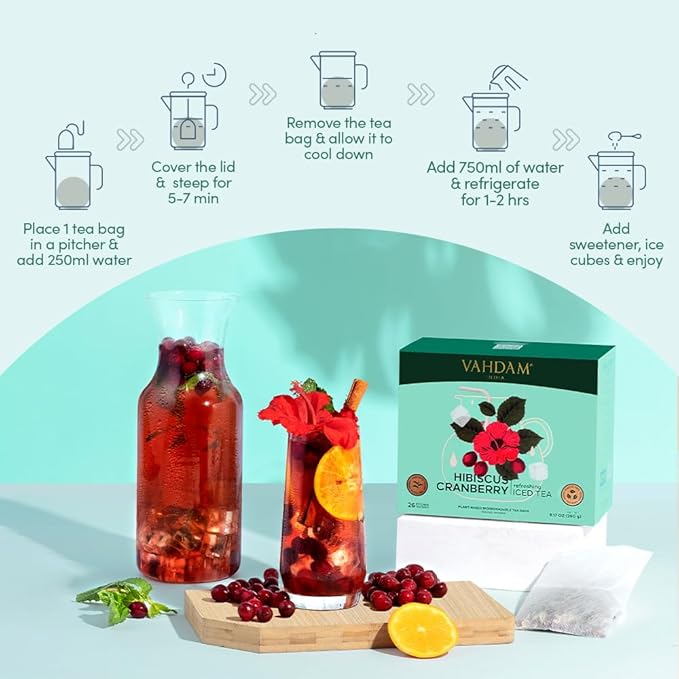Hibiscus Cranberry Iced Tea Bags (26 Pitcher Tea Bags/52 Quarts) Zero Added Sugar | Naturally Sweet | Blended w/Hibiscus & Cranberry | Best for Mocktails & Cocktails | Biodegradable Tea Bags | VAHDAM
