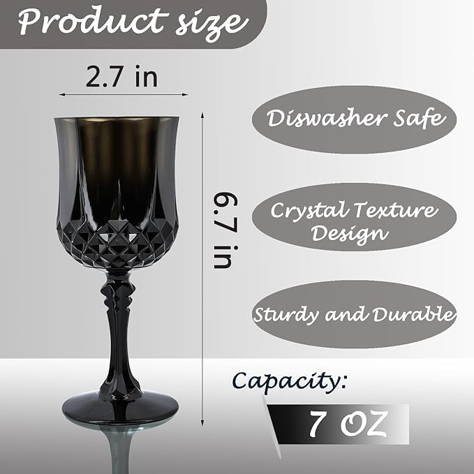 Plastic Wine Glasses,Plastic Goblets Vintage Style Cordial Drinking Glasses for Wedding Reception, Halloween Grand Event Party Supplies (12, Black)