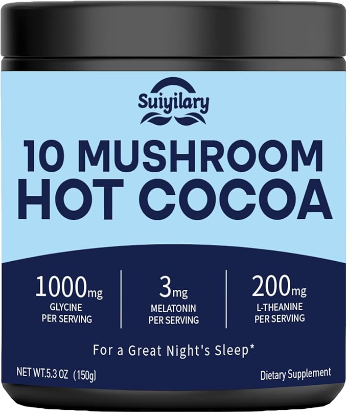 10 Mushroom Hot Cocoa, 3mg Melatonin Sleep Supplement, Sugar Free Keto Cocoa Powder, Nighttime Drink, 1000mg Glycine, 200mg L-Theanine, Help Fall Asleep and Stay Asleep, 15 Servings
