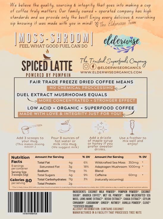 Elderwise Organics Coffee Spiced Latte | Powered by Pumpkin & Mushrooms | Sea Moss, Chaga, Lion's Mane, Reishi | 8 Servings - Freeze Dried Instant - Chemical free - Fair Trade