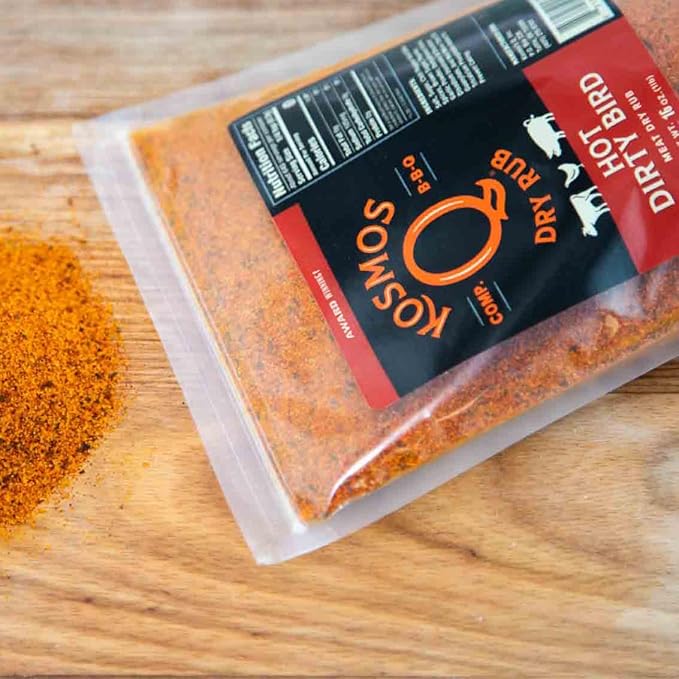Kosmos Q Hot Dirty Bird BBQ Dry Rub, Spicy Seasoning with Chili Pepper, Brown Sugar, Garlic & Onion for Chicken, Turkey, Ribs, Pork, Dry Rub for Smoking & Grilling Meat, BBQ Spice Blend, 16 Oz Bag