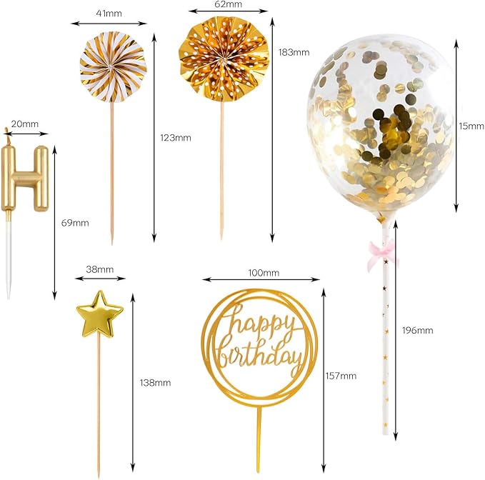 BEAN LIEVE Birthday Candles Set - Cake Topper Decoration with Cake Candles Confetti Balloon Stars and Fan Cupcake Toppers 12 Pieces Birthday Cake Decor for Birthday Party Celebration (Gold)