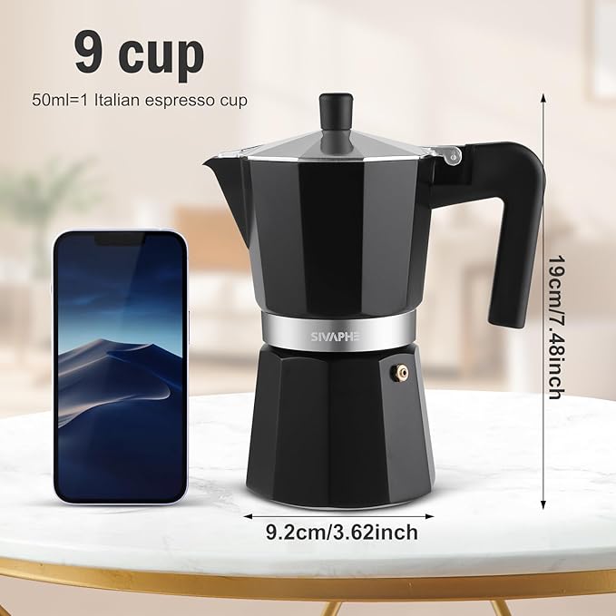 Sivaphe Aluminum Moka Pot 9 Espresso Cups, Percolator Espresso and Coffee Maker, Portable Stovetop Italian and Cuban Cafì±?Brewer for Home and Camping Black