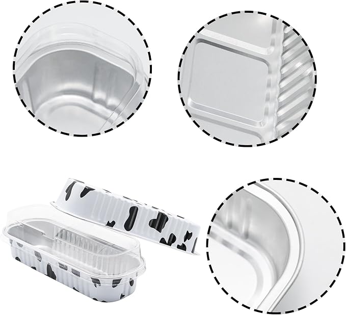 100 Pack 6.8oz Aluminum Cake Pans with Lids Rectangle Mini Loaf Pans Baking Cups Disposable Cupcake Baking Tins with 100 Pcs Plastic Spoons, Cow Print