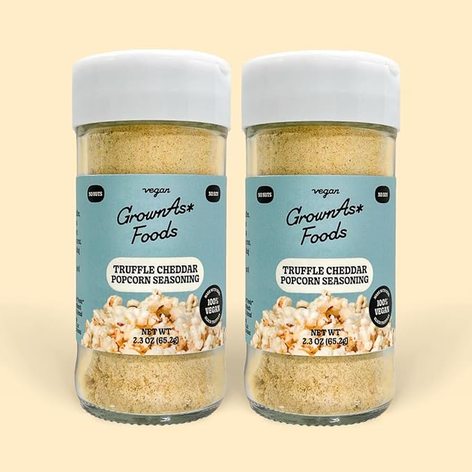 GrownAs Truffle Cheddar Popcorn Seasoning, 2.3 Oz. - Real Black Summer Truffle & Vegan Cheese Flavor, Dairy Free, Soy Free, Non-GMO - Veggies, Noodles & Soup