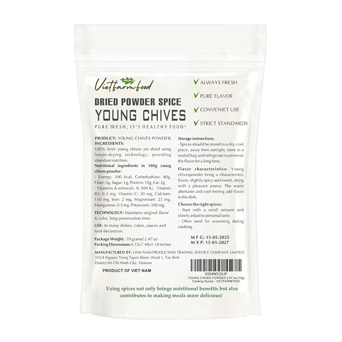 YOUNG CHIVES POWDER 2.47 Oz (70g) VIETFARMFOOD: Pure, natural freeze-dried spice made from real vegetables and fruits - perfect for enhancing every meal, from cooking, baking, salads, soups, sauces