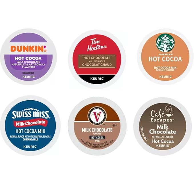 Milk Chocolate Hot Cocoa K-Cups Pods Variety Sampler. Includes Swiss Miss, Cafe Escapes, Starbucks, Tim Hortons, Victor Allen's and Dunkin. 24 Count