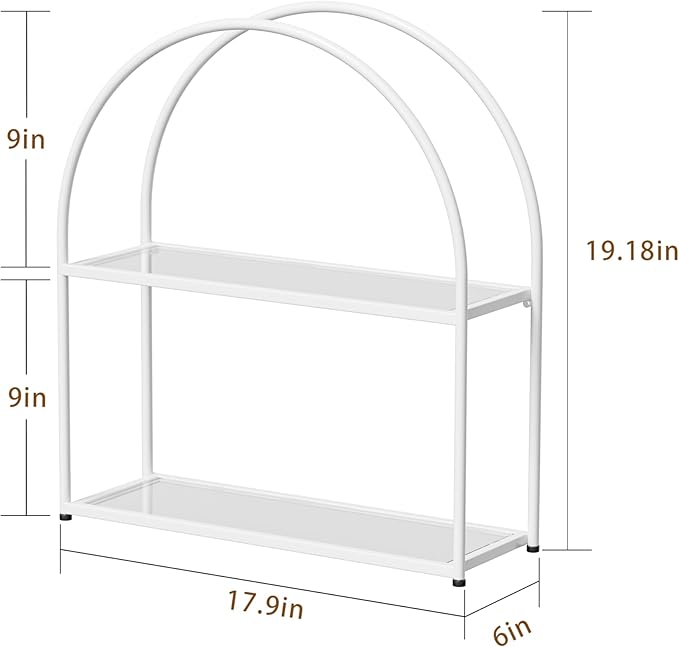Crofy White Arched Frame Wall Shelf, Decorative 2 Tier Bathroom Wall Shelf with Transparent Tempered Glass Shelves and Robust Storage Capacity, 6" D x 17.9" W x 19.18" H