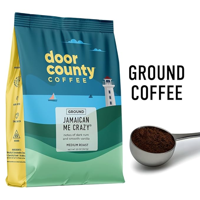 Door County Coffee, Jamaican Me Crazy, Rum & Vanilla Flavored Coffee, Medium Roast, Ground Coffee, 20 oz Bag