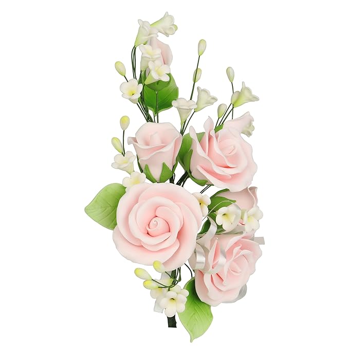 O'Creme Gumpaste Edible Flower Spray for Cake Decorating, Pastel Pink Garden Rose Sugar Paste Flower Decoration for Cakes, Candy, Cupcake Toppers - Birthday, Wedding, Valentines Day, Baby Shower