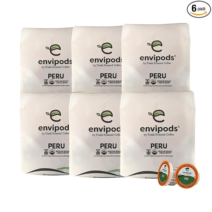 Fresh Roasted Coffee, Organic Peru envipods | Mold & Myco 3rd Party Tested, BPI Compostable, USDA Organic, Kosher | Med Roast 72 CT Compatible With 1.0 & 2.0 K Cup Brewers