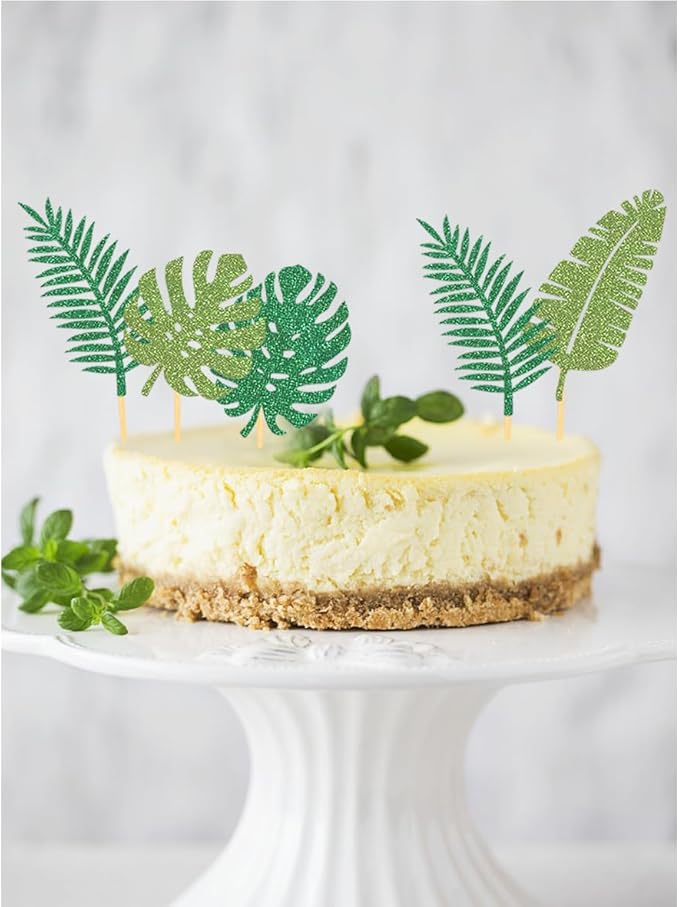 24Pcs Glitter Tropical Cupcake Toppers, Tropical Palm Leaves Cake Topper Aloha Decorations for Summer Luau Hawaiian Theme Baby Shower Birthday Party Supplies(Leaves A)